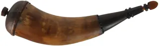 Powder Horn,
12", paneled tip,
patina finish, turned walnut base